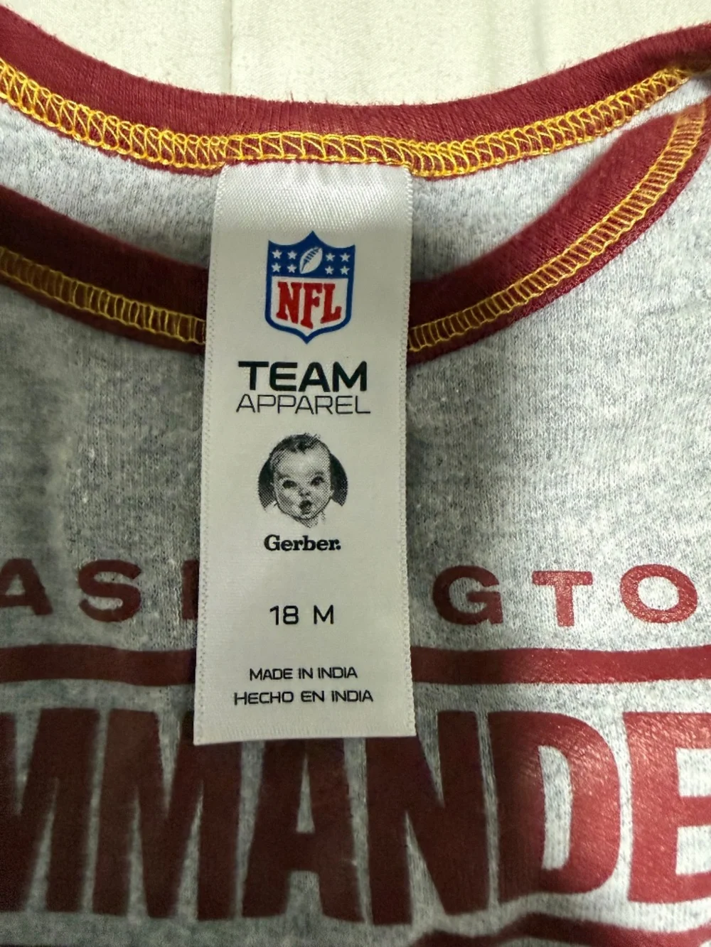 Gerber Washington Commanders NFL Bodysuit One-Piece 18M Gray/Burgundy Snap Logo